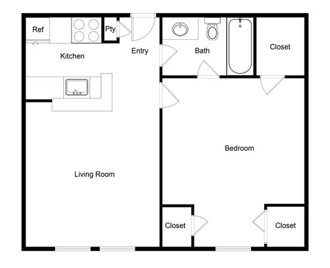Floor plan for studio, 1 bath, 518 sqft